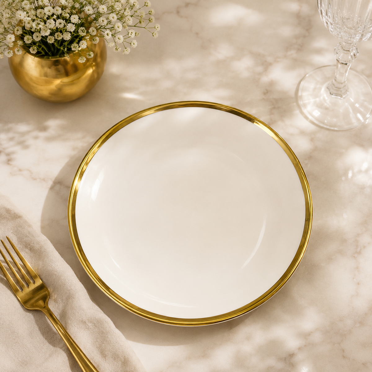 Luxury White Ceramic Dinner Plate with Gold Rim – Elegant Round Serving Plate (25 cm / 30 cm)