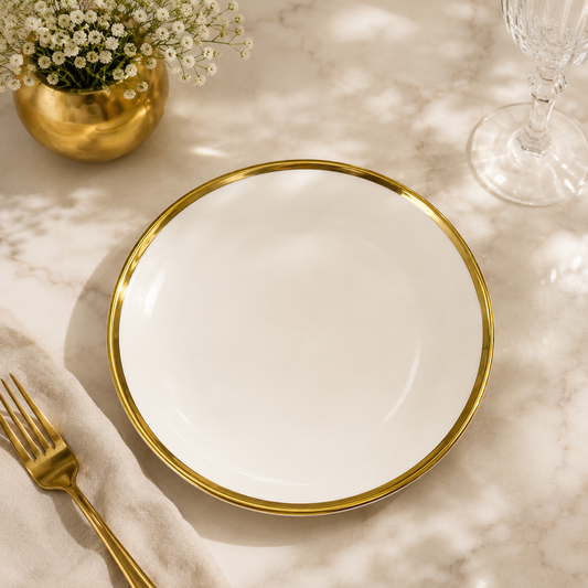 Luxury White Ceramic Dinner Plate with Gold Rim – Elegant Round Serving Plate (25 cm / 30 cm)