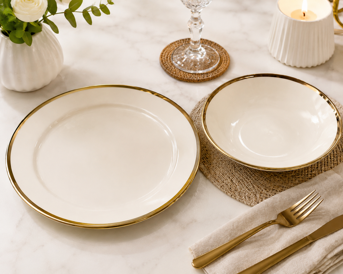 Luxury White Ceramic Dinner Plate with Gold Rim – Elegant Round Serving Plate (25 cm / 30 cm)