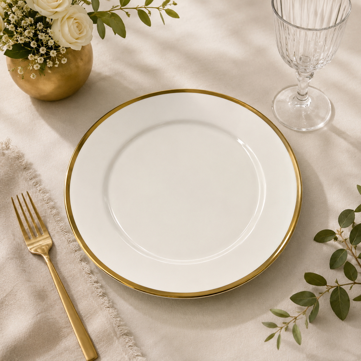 Luxury White Ceramic Dinner Plate with Gold Rim – Elegant Round Serving Plate (25 cm / 30 cm)
