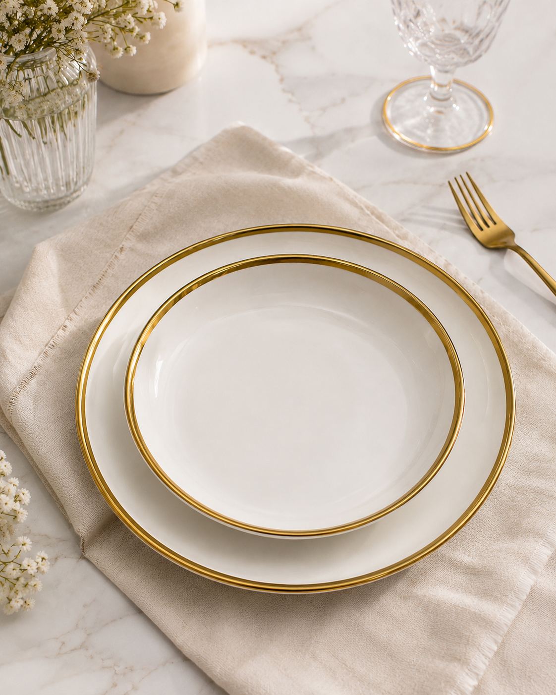 Elegant White Ceramic Gold Rim Serving Bowl / Deep Dinner Plate – 25 cm & 30 cm
