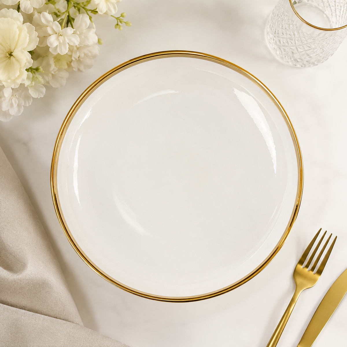 Elegant White Ceramic Gold Rim Serving Bowl / Deep Dinner Plate – 25 cm & 30 cm