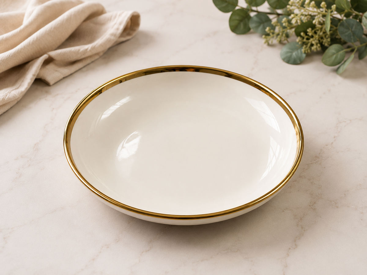 Elegant White Ceramic Gold Rim Serving Bowl / Deep Dinner Plate – 25 cm & 30 cm