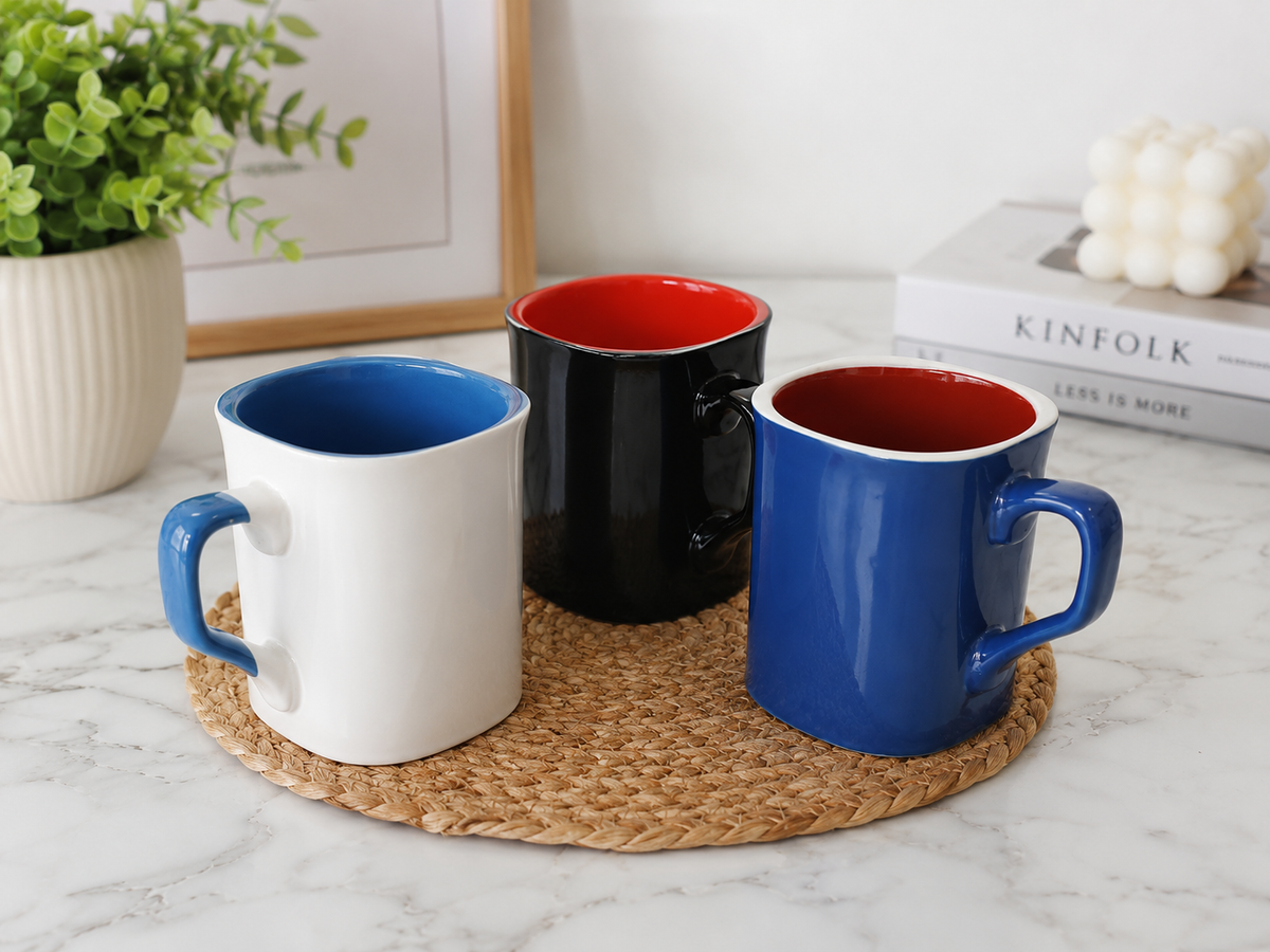 Modern Ceramic Coffee Mug – White Mug with Blue Handle & Blue Interior | Everyday Tea & Coffee Cup