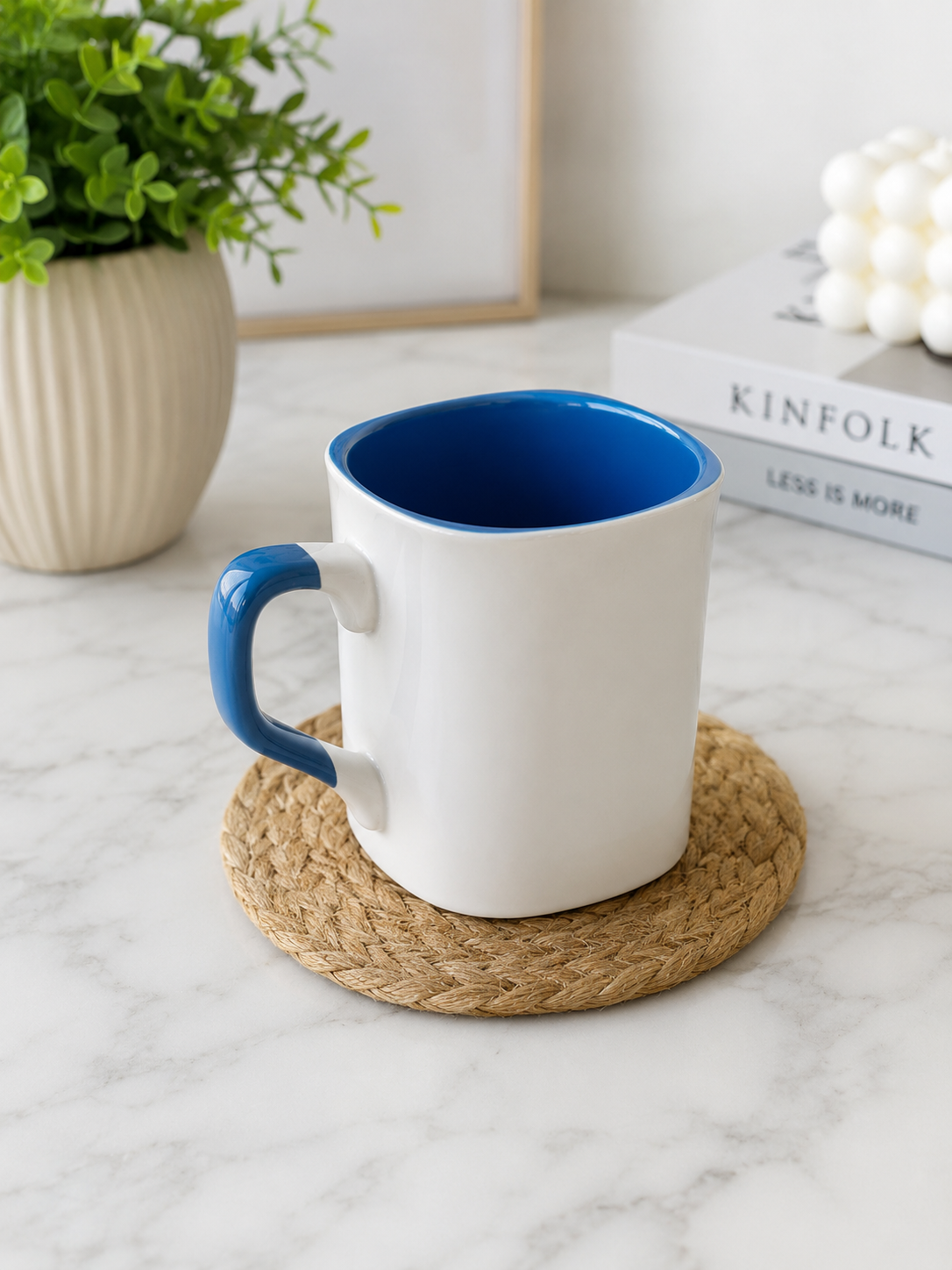 Modern Ceramic Coffee Mug – White Mug with Blue Handle & Blue Interior | Everyday Tea & Coffee Cup