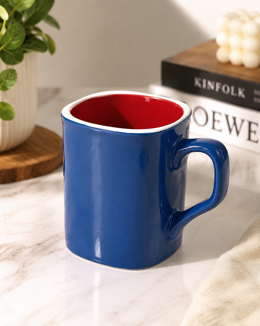 Modern Ceramic Coffee Mug – White Mug with Blue Handle & Blue Interior | Everyday Tea & Coffee Cup