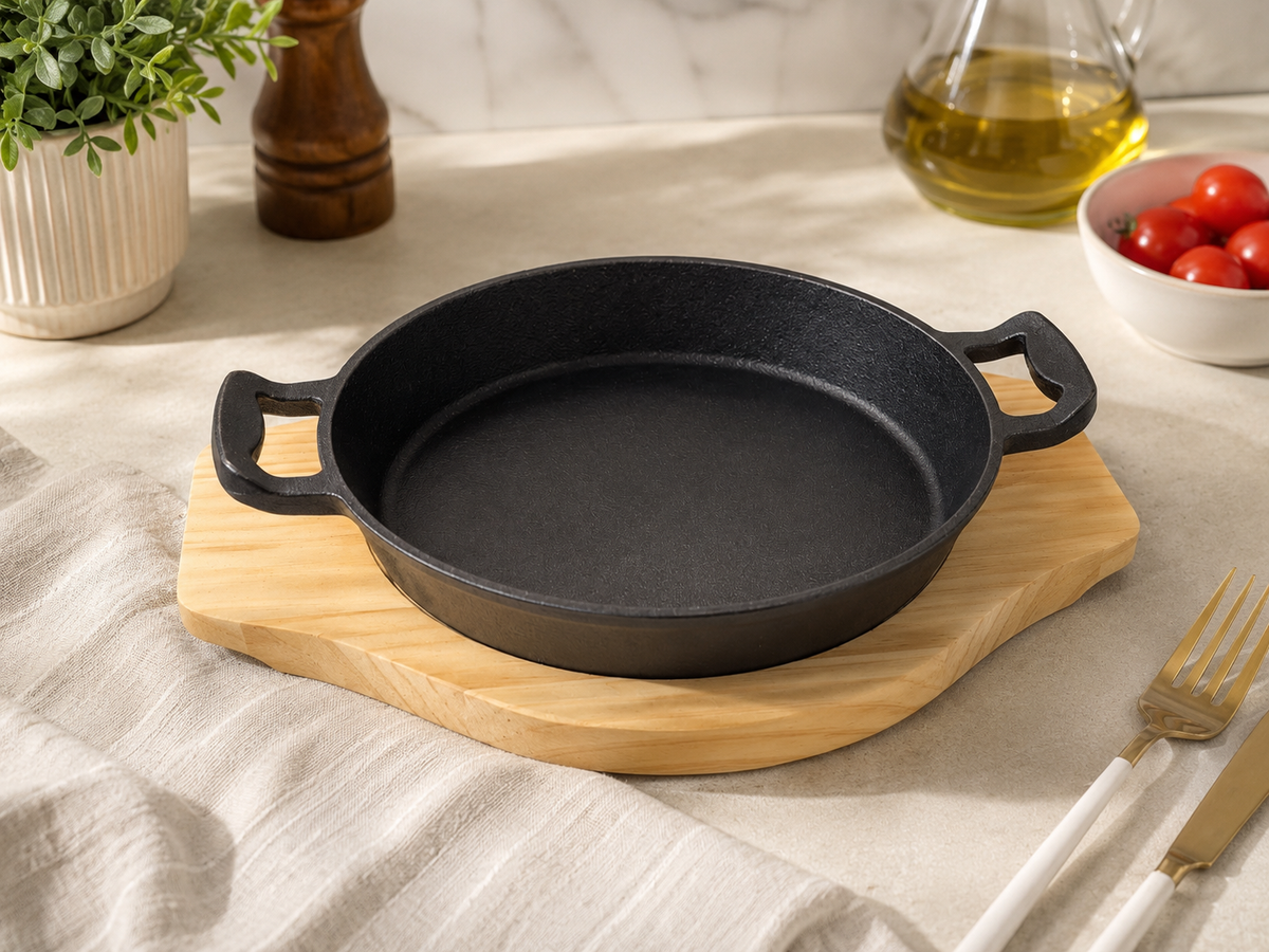 Round Cast Iron Serving Skillet with Wooden Base – Heavy Duty Oven-to-Table Pan | 19 cm