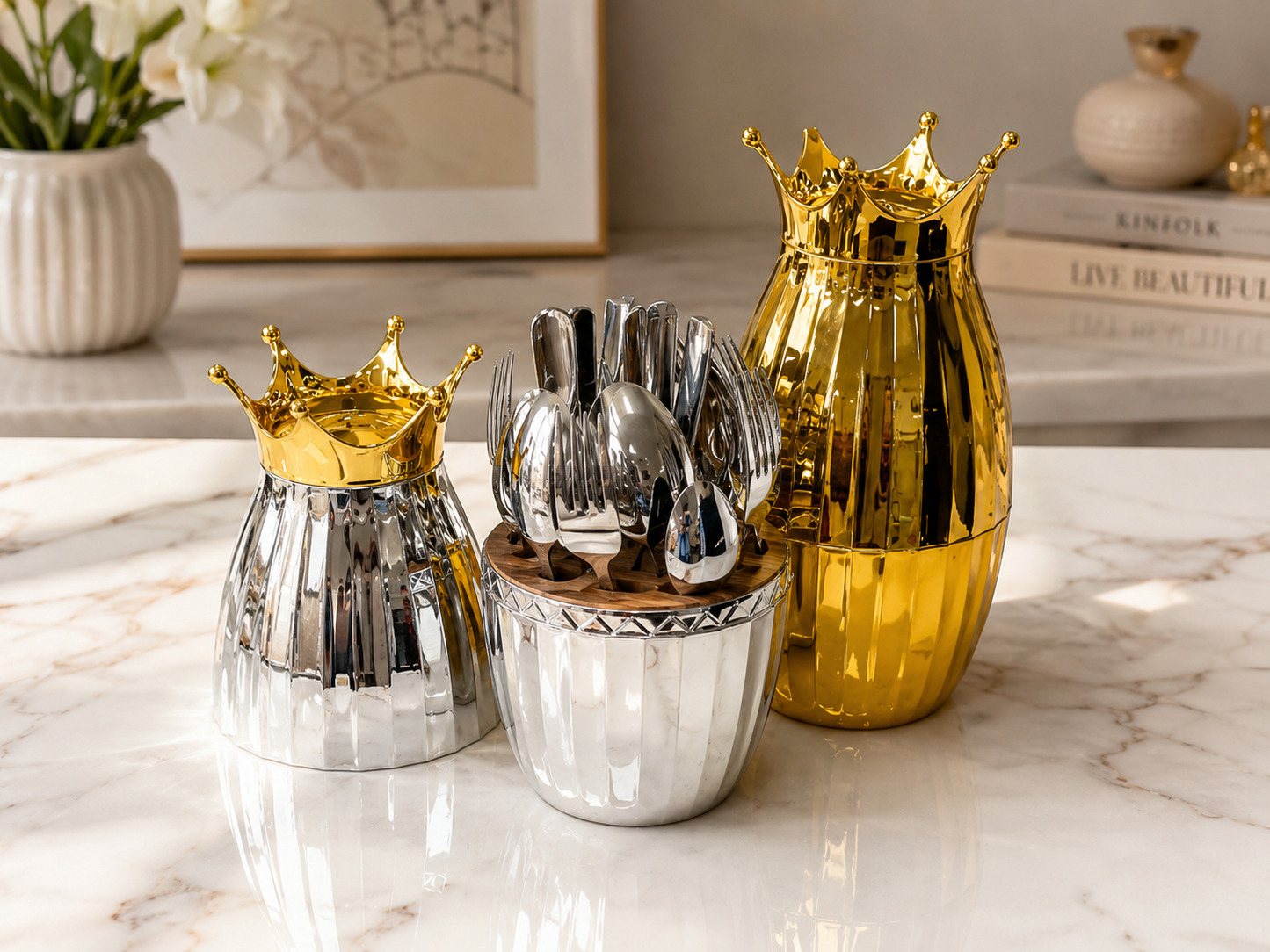 Luxury Crown Cutlery Set with Rotating Holder – 24-Piece Stainless Steel Flatware Collection (Gold & Silver Variants)