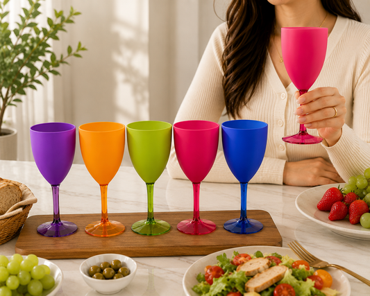 Multi-Colored Shatterproof Wine Glasses – Set of 6 Vibrant Reusable Plastic Stemware for Parties, Outdoor Dining, and Poolside