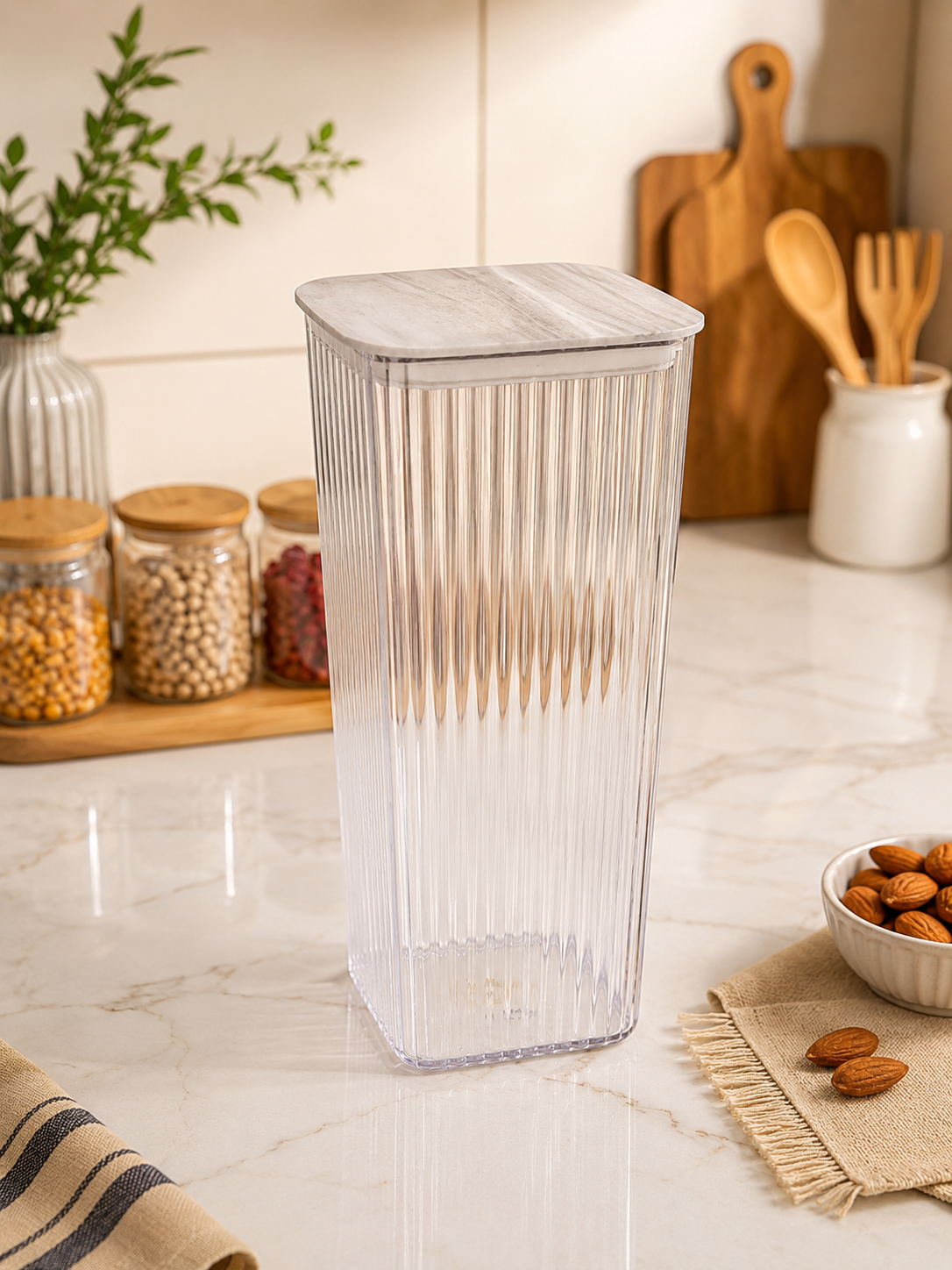 2.7L Ribbed Kitchen Storage Container with Airtight Lid – Clear Food Storage Canister (Round & Square Variants)