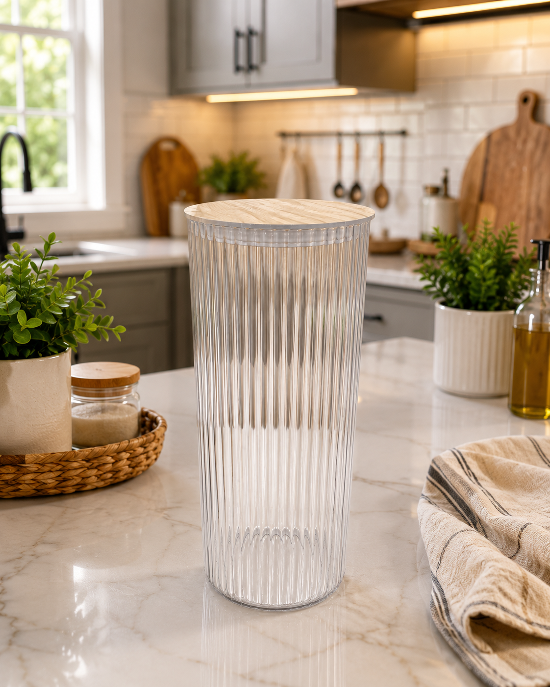 2.7L Ribbed Kitchen Storage Container with Airtight Lid – Clear Food Storage Canister (Round & Square Variants)