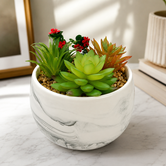 Artificial Succulent Plant in Marble Ceramic Pot – Decorative Faux Greenery for Home, Office & Tabletop Décor