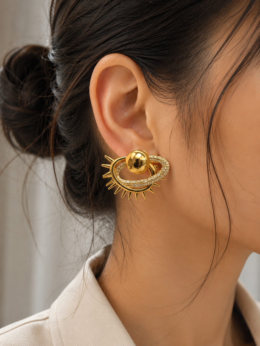 Celestial Gold Statement Stud Earrings with Crystal Accents