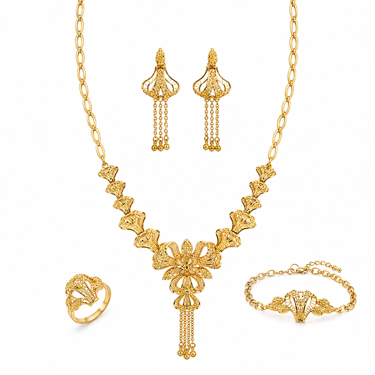 Elegant Gold Floral Jewelry Set – Necklace, Earrings, Bracelet & Ring (4-Piece Set)
