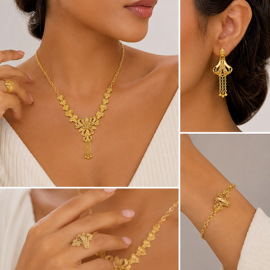 Elegant Gold Floral Jewelry Set – Necklace, Earrings, Bracelet & Ring (4-Piece Set)