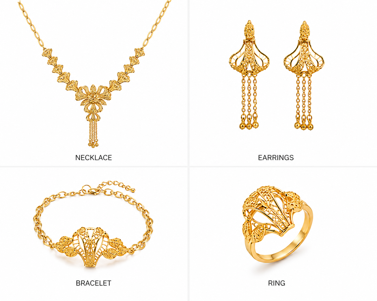 Elegant Gold Floral Jewelry Set – Necklace, Earrings, Bracelet & Ring (4-Piece Set)