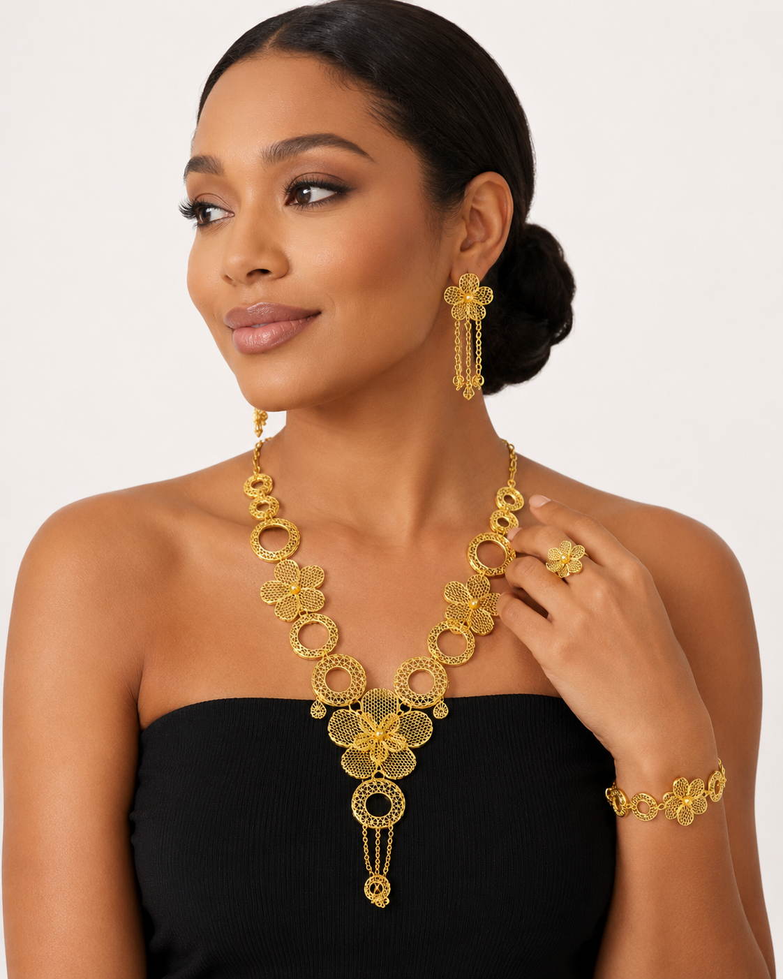 Gold Floral Filigree 4-Piece Jewelry Set – Necklace, Earrings, Bracelet & Ringy