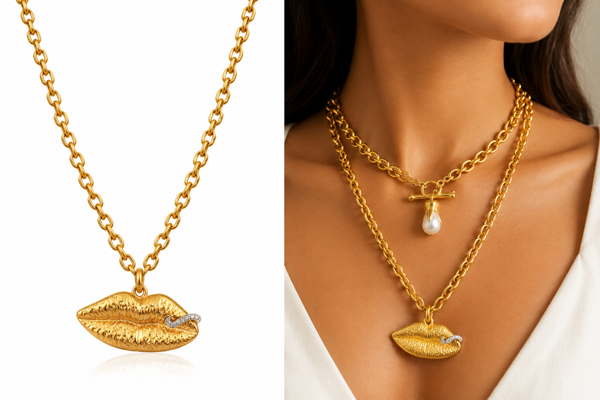 Luxury Gold-Tone Statement Lips Pendant Chain Necklace | Chunky Link Fashion Necklace