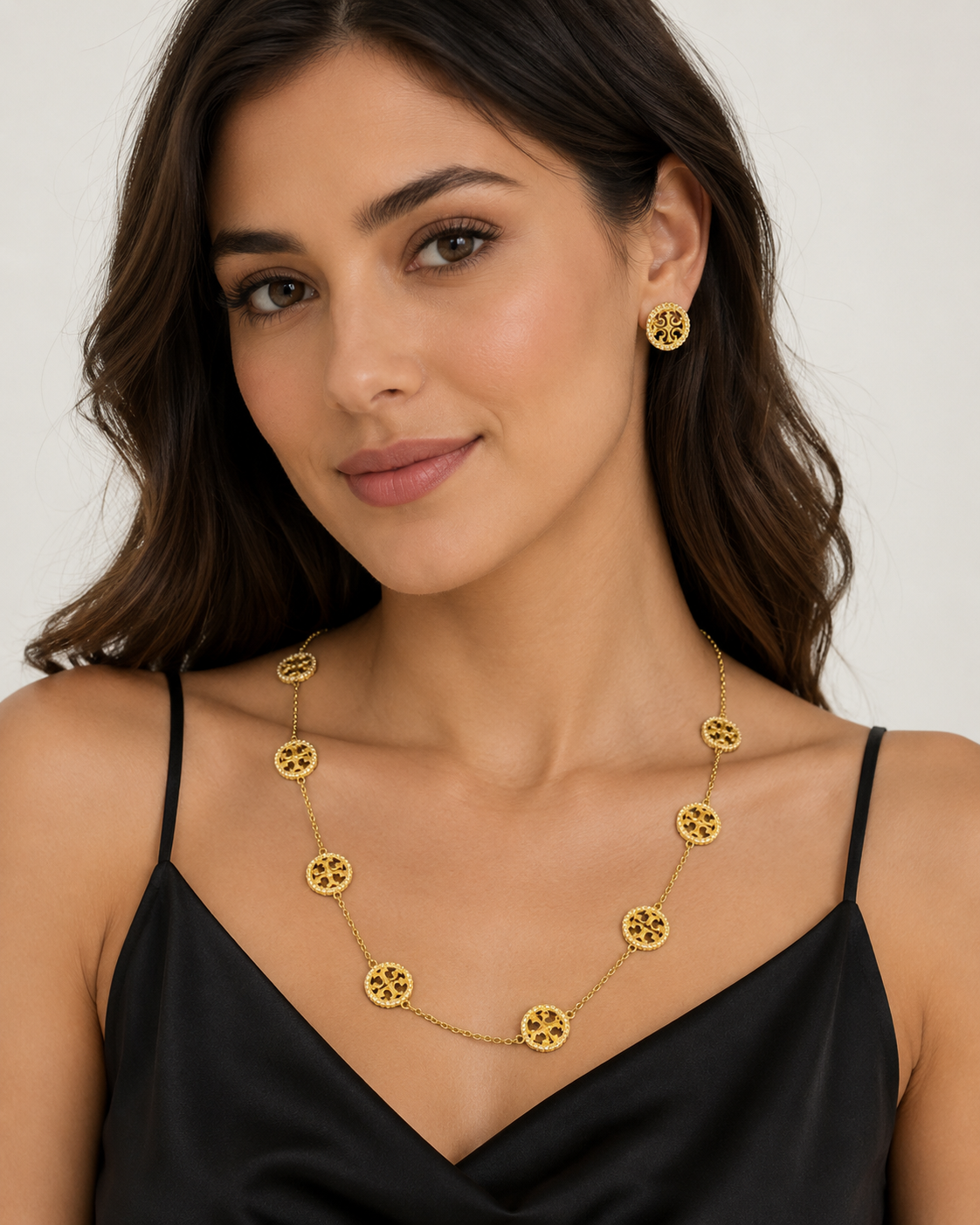 Elegant Gold-Tone Medallion Necklace & Stud Earrings Jewelry Set