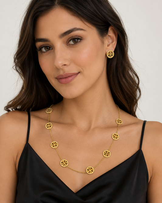 Elegant Gold-Tone Medallion Necklace & Stud Earrings Jewelry Set