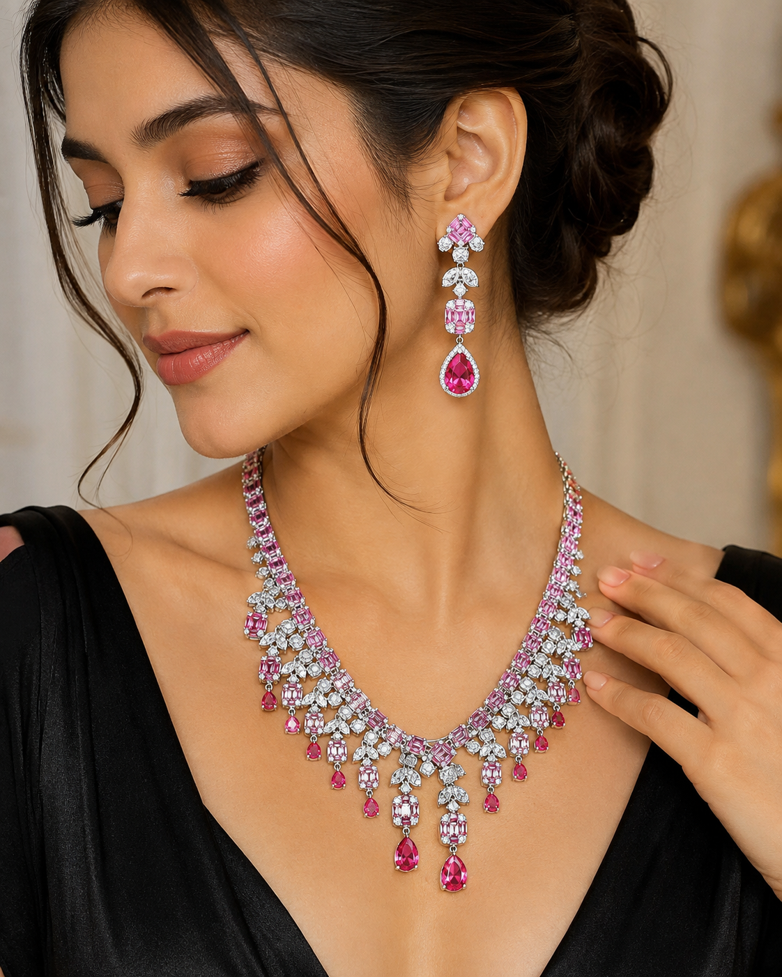 Luxury Pink Crystal Statement Necklace & Drop Earrings Set – Silver-Tone Bridal Jewelry