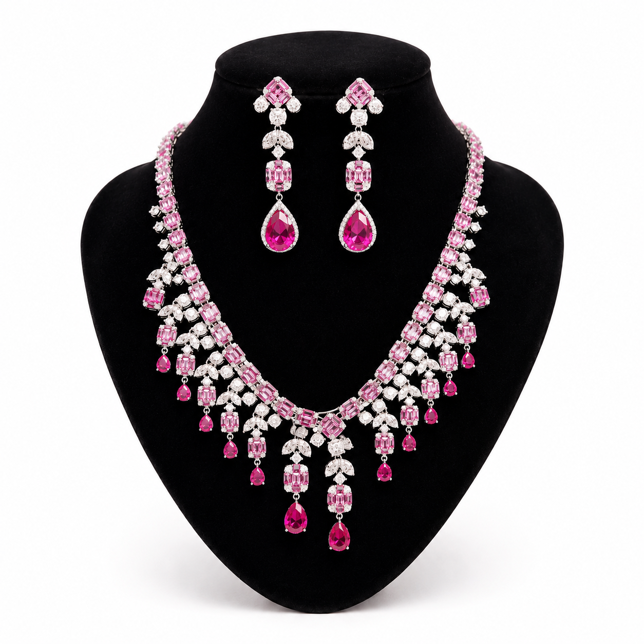 Luxury Pink Crystal Statement Necklace & Drop Earrings Set – Silver-Tone Bridal Jewelry