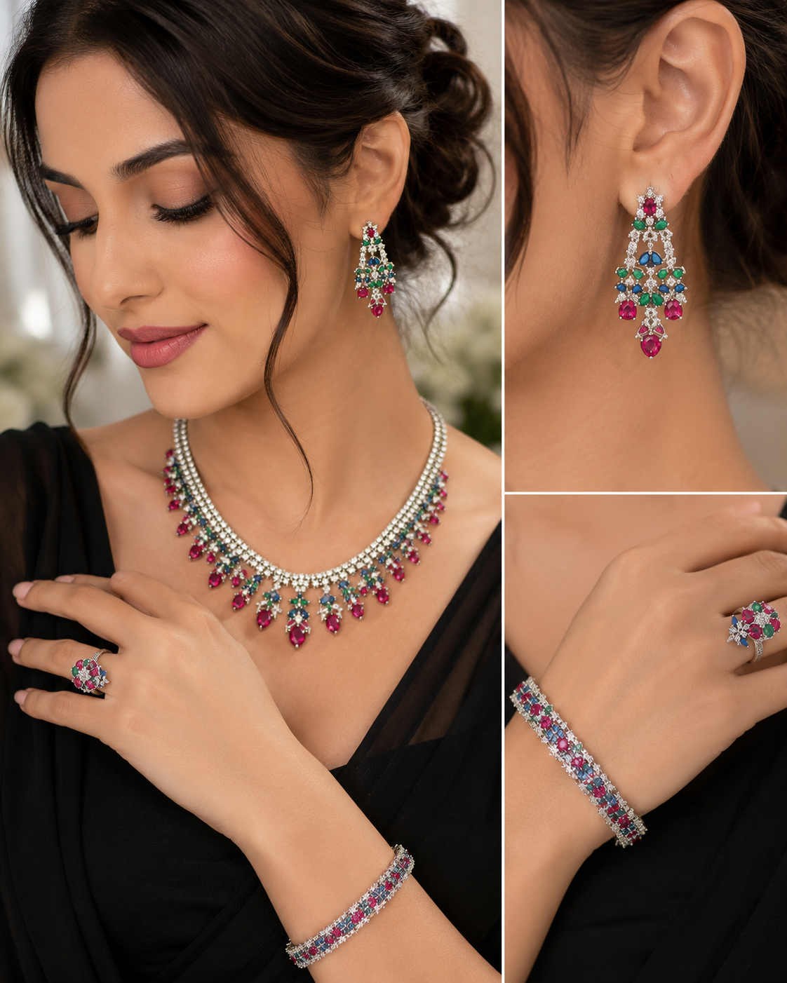 Luxury Multicolor Crystal Jewelry Set – Statement Necklace, Chandelier Earrings, Bracelet & Ring