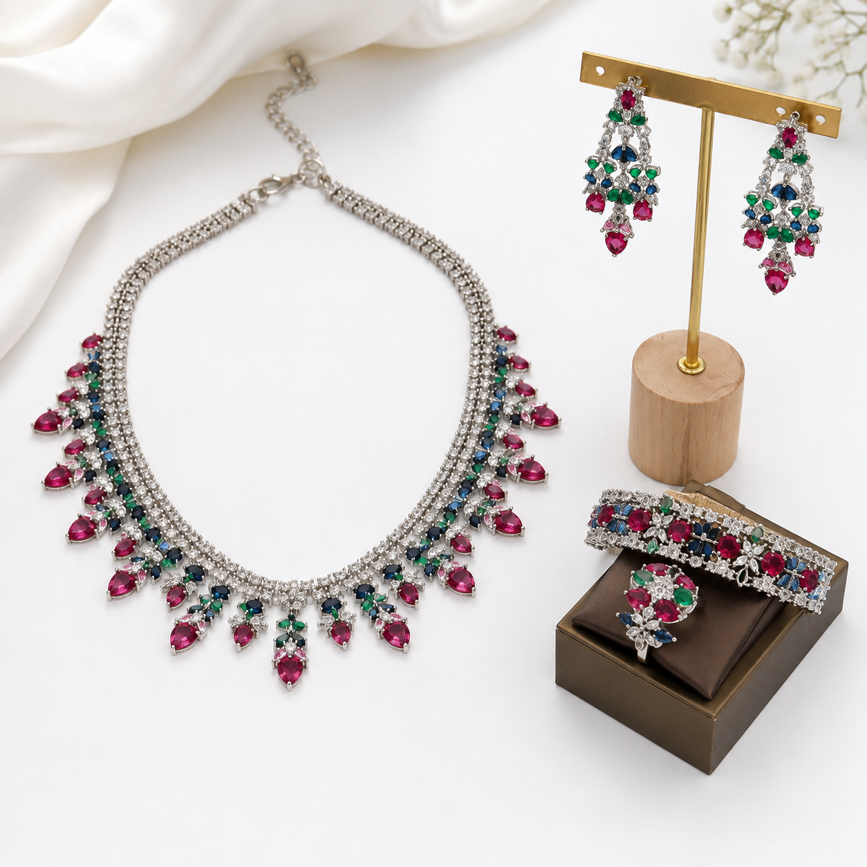 Luxury Multicolor Crystal Jewelry Set – Statement Necklace, Chandelier Earrings, Bracelet & Ring