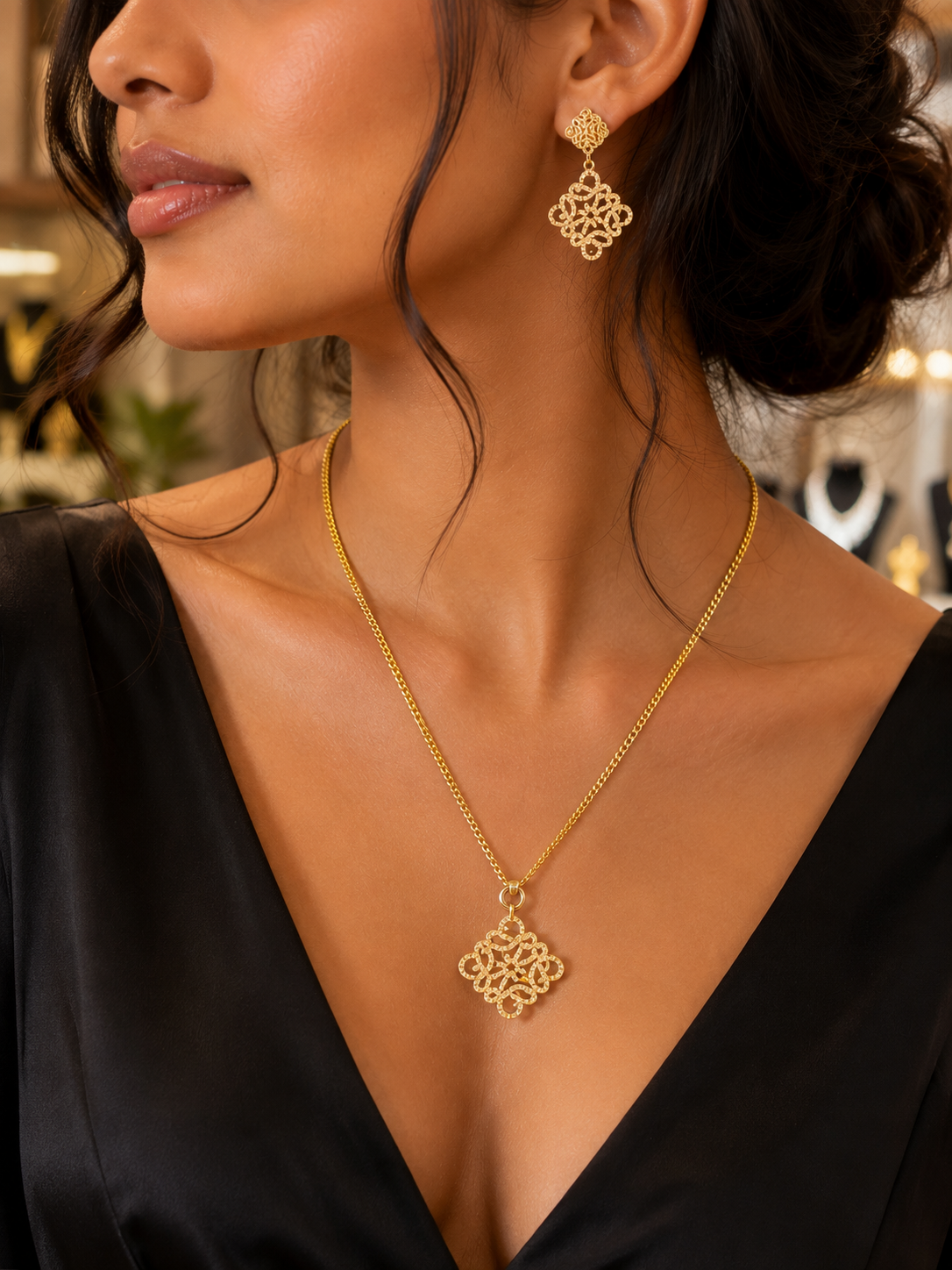 Gold Chain Necklace and Matching Earrings with Pave Anagram Pendant