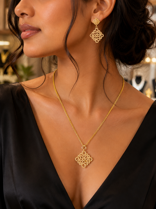 Gold Chain Necklace and Matching Earrings with Pave Anagram Pendant
