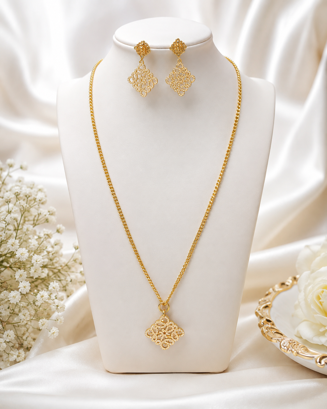 Gold Chain Necklace and Matching Earrings with Pave Anagram Pendant