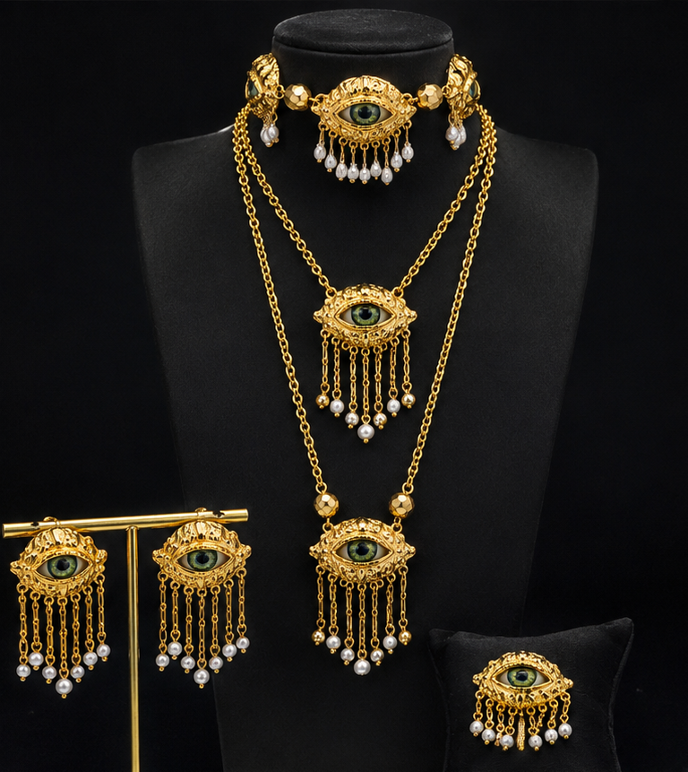Luxury Evil Eye Gold Jewelry Set – Layered Necklaces, Bracelet, Earrings & Brooch with Pearl Tassels