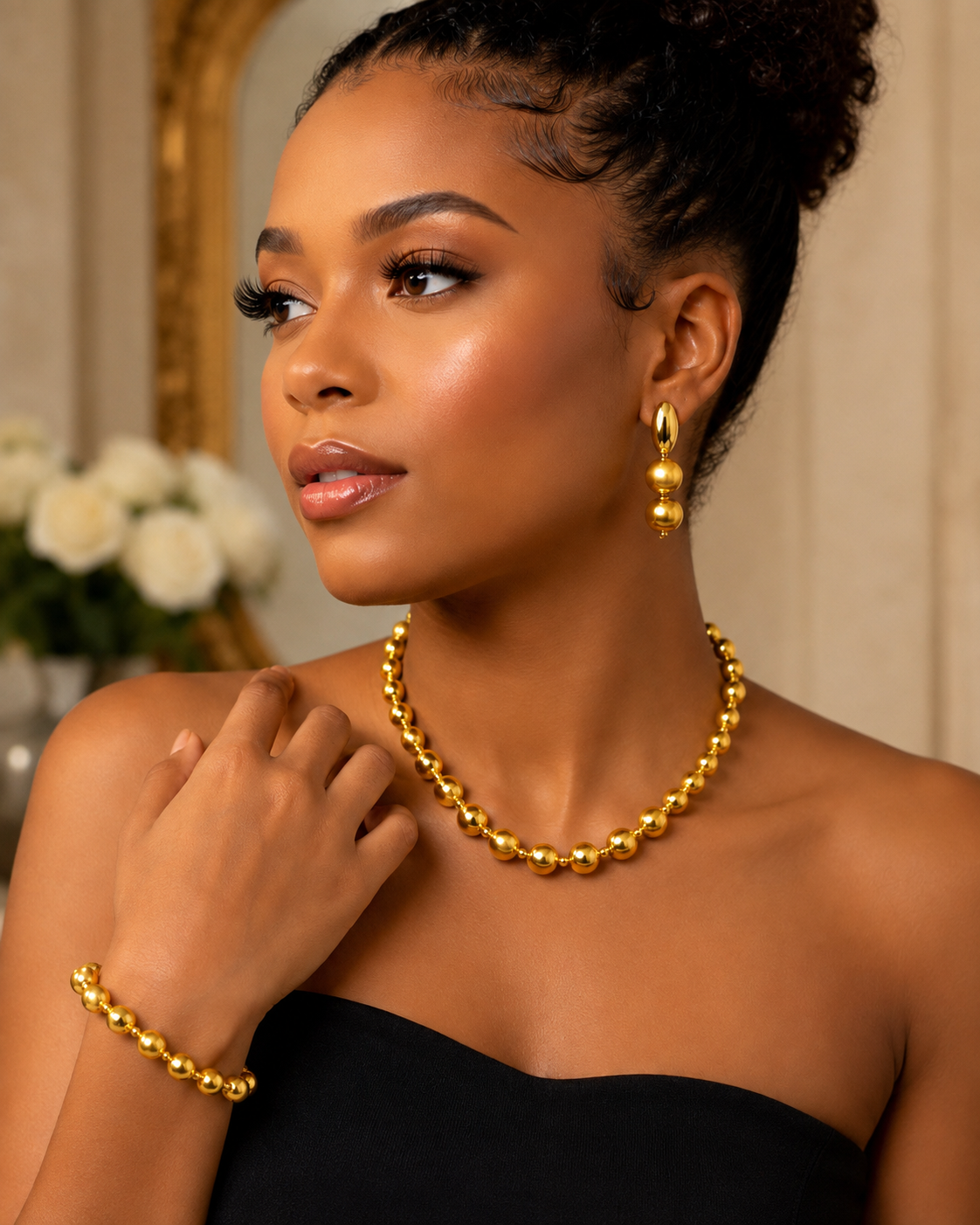 Luxury Gold Beaded Necklace, Bracelet & Drop Earrings Set