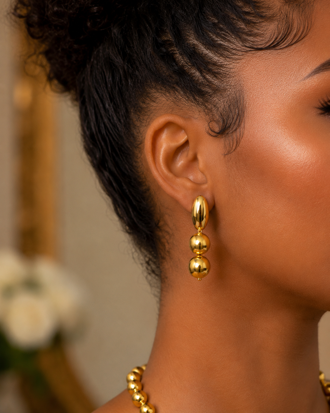 Luxury Gold Beaded Necklace, Bracelet & Drop Earrings Set