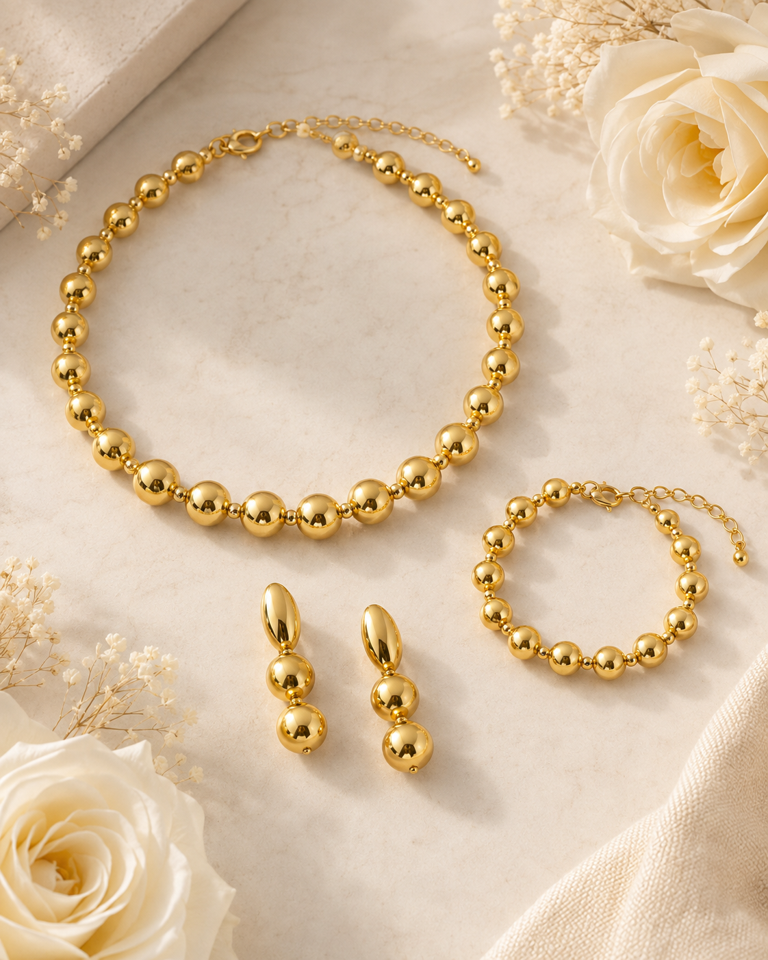 Luxury Gold Beaded Necklace, Bracelet & Drop Earrings Set