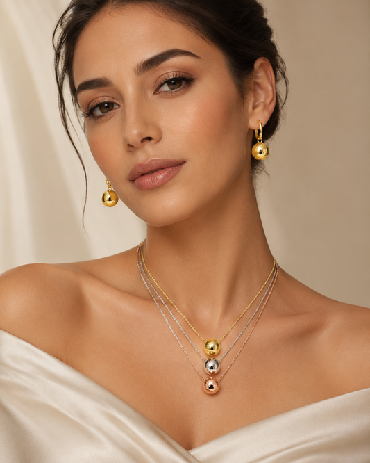 Three-Tone Layered Ball Pendant Necklace and Earrings Set