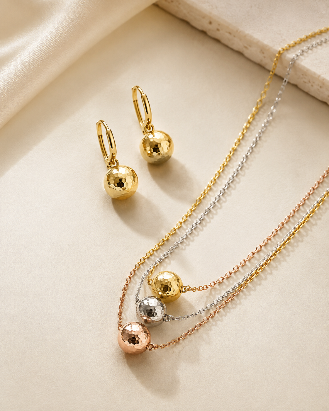 Three-Tone Layered Ball Pendant Necklace and Earrings Set