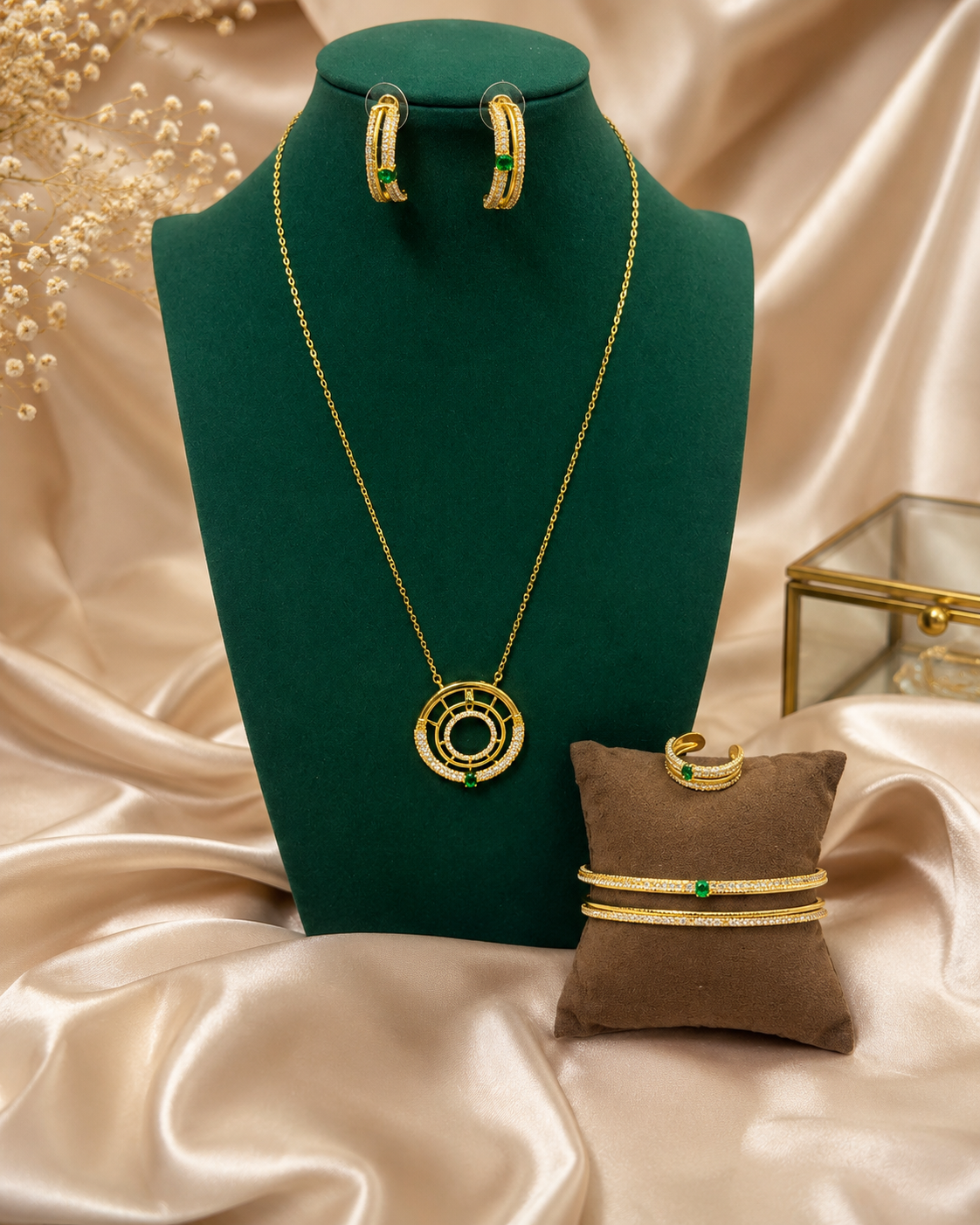 Luxury Gold-Plated Green Zircon Jewelry Set – Necklace, Earrings, Bangles & Ring for Women