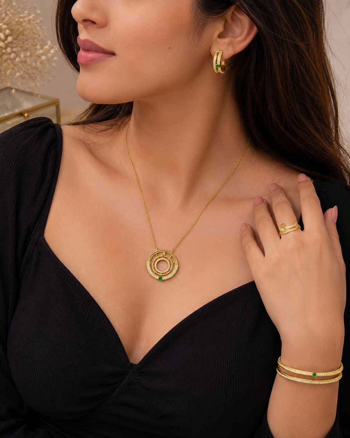 Luxury Gold-Plated Green Zircon Jewelry Set – Necklace, Earrings, Bangles & Ring for Women