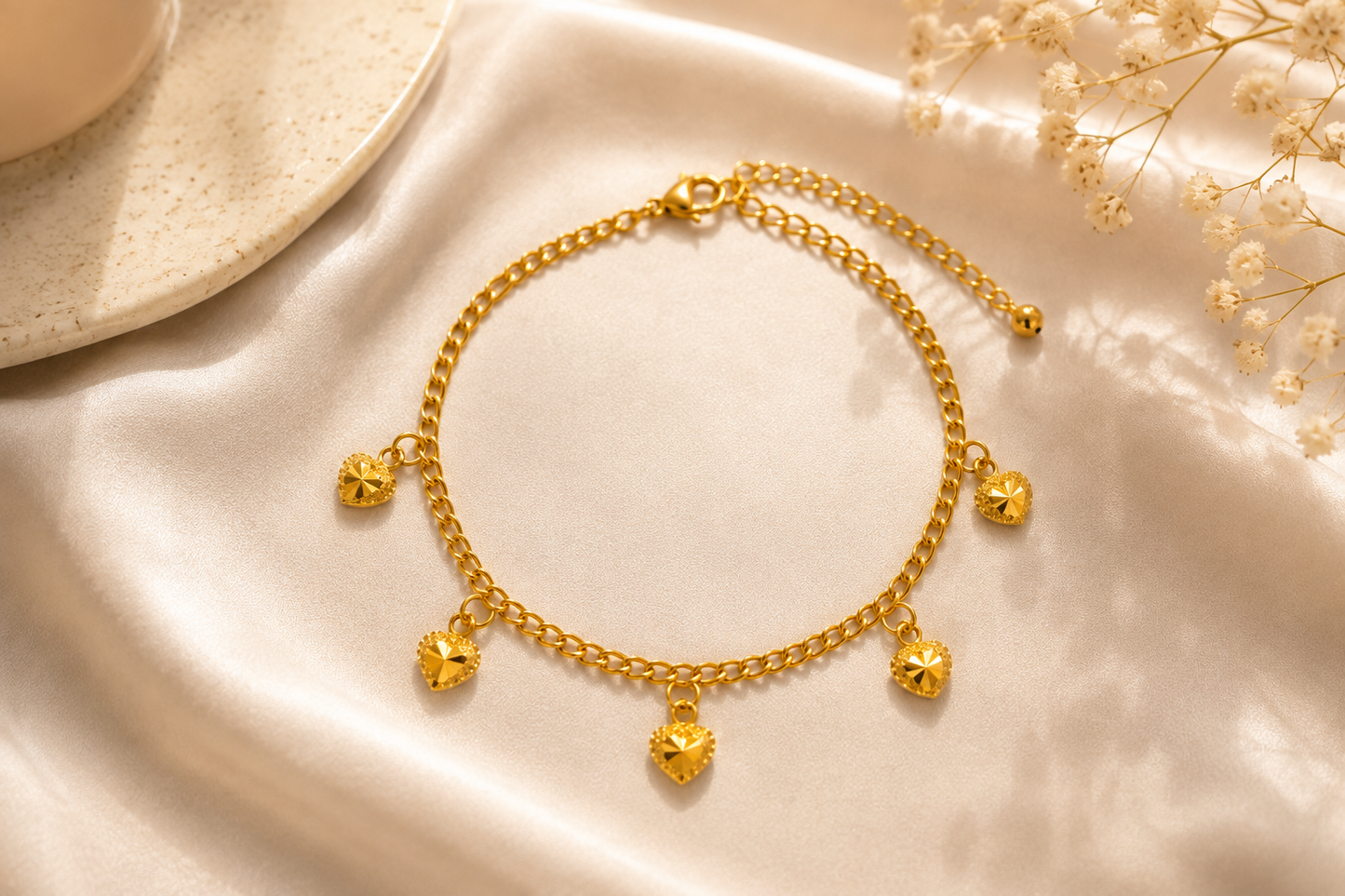 Golden Heart Charm Bracelet & Anklet – Adjustable Gold-Tone Jewelry