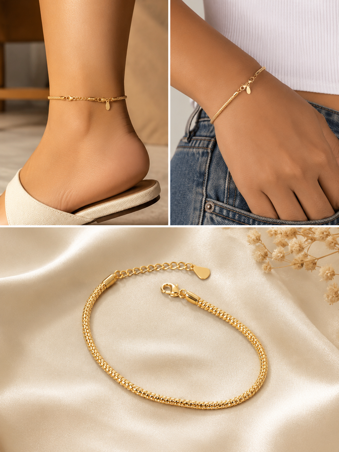 Elegant Gold Charm Anklet & Hand Bracelet for Women | Adjustable 2-in-1 Jewelry