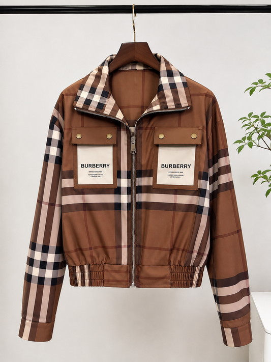 Women’s Plaid Cropped Zip-Up Jacket with Statement Pockets