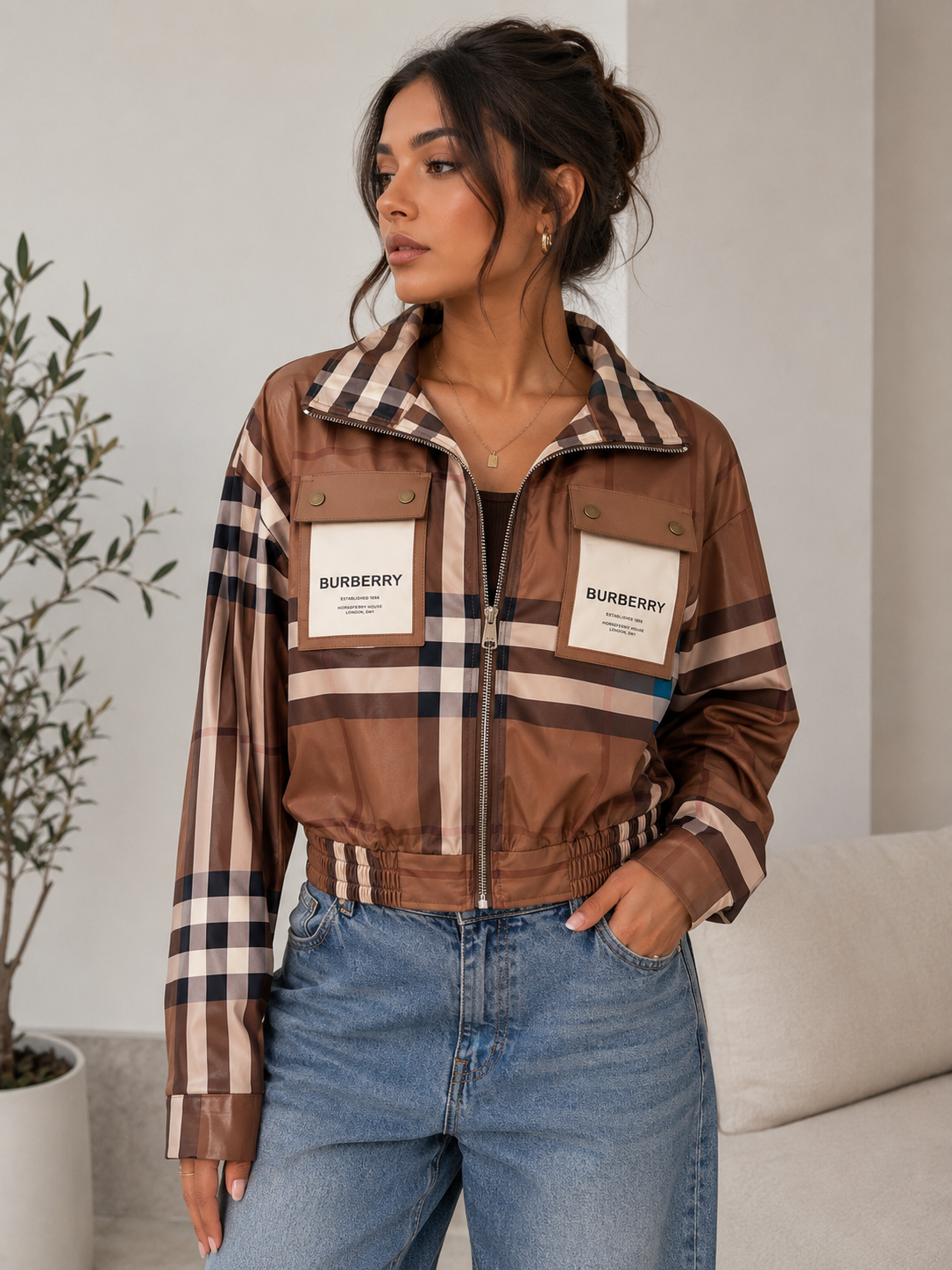 Women’s Plaid Cropped Zip-Up Jacket with Statement Pockets