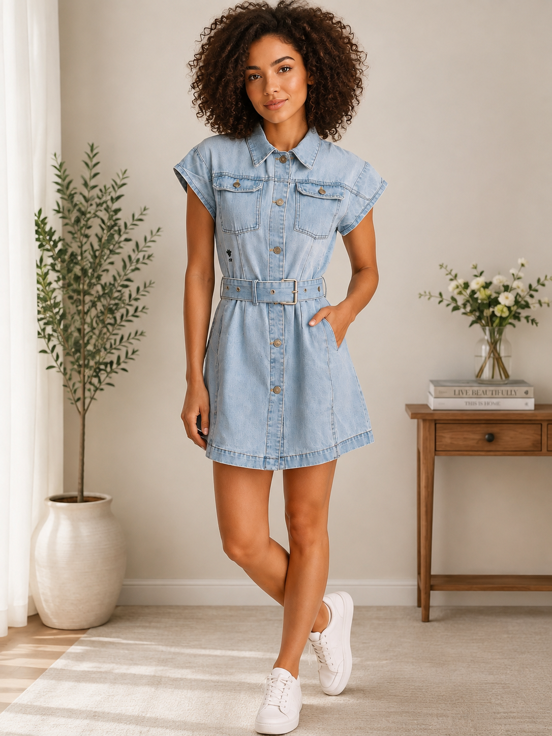 Women’s Belted Denim Shirt Dress – Short Sleeve Button Front Mini Dress