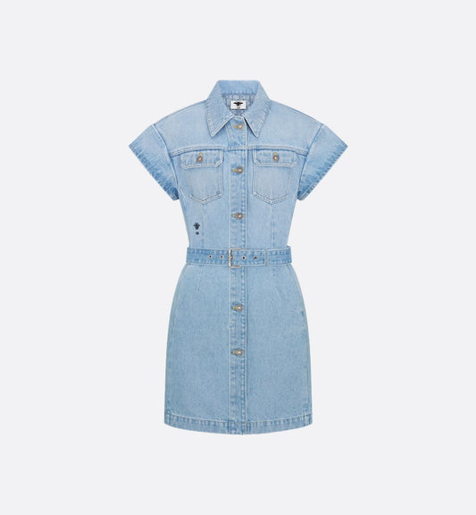 Women’s Belted Denim Shirt Dress – Short Sleeve Button Front Mini Dress