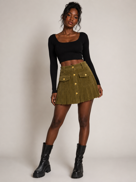 Women’s Corduroy Pleated Mini Skirt with Gold Button Front & Utility Pocket