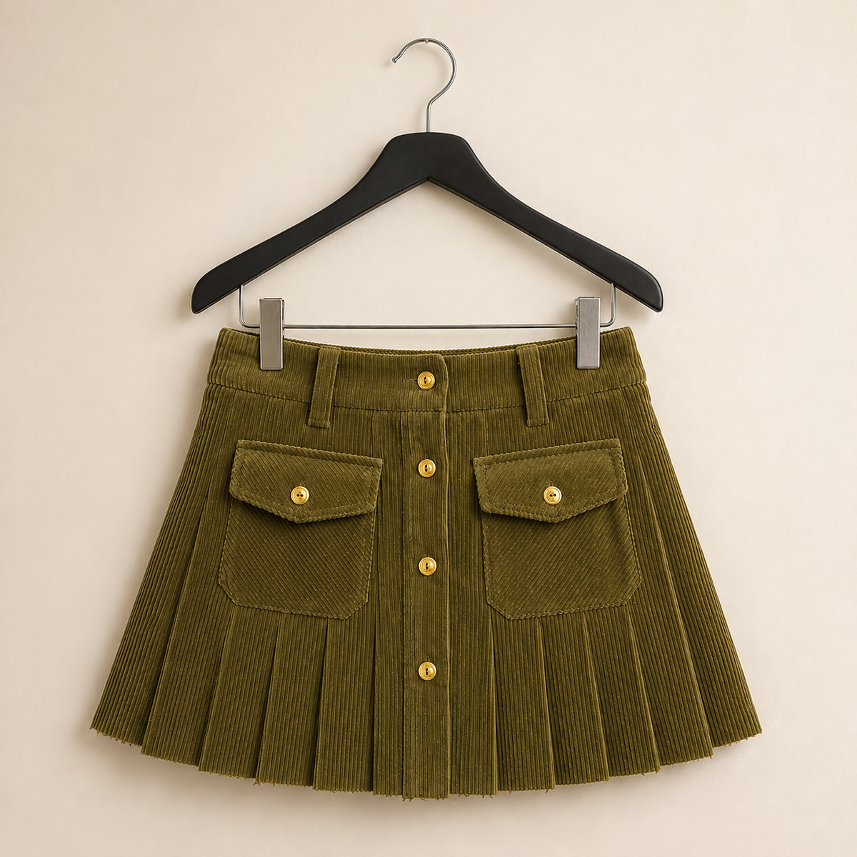 Women’s Corduroy Pleated Mini Skirt with Gold Button Front & Utility Pocket