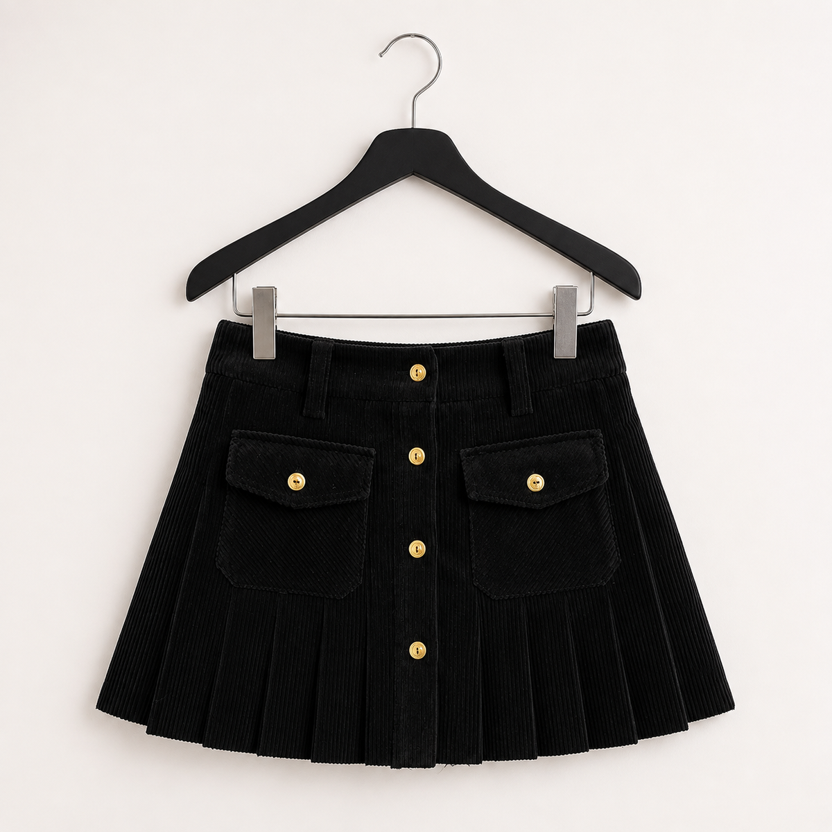 Women’s Corduroy Pleated Mini Skirt with Gold Button Front & Utility Pocket