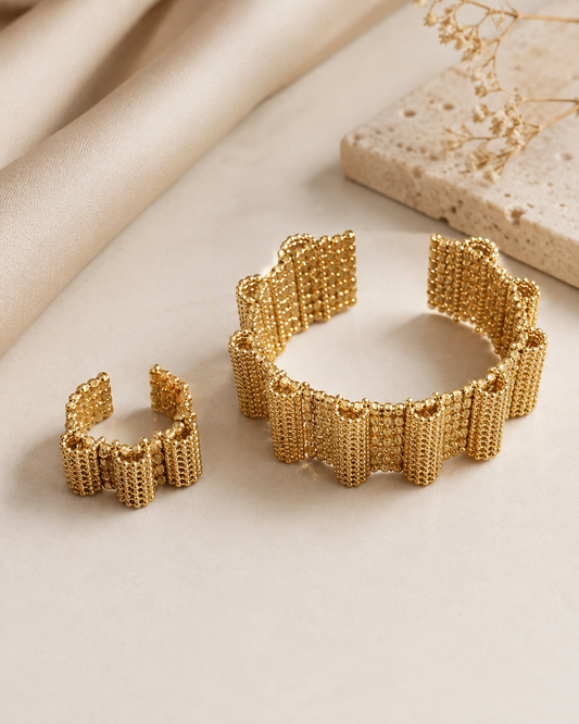Two-Tone Beaded Bracelet & Ring Set – Gold & Silver Statement Jewelry