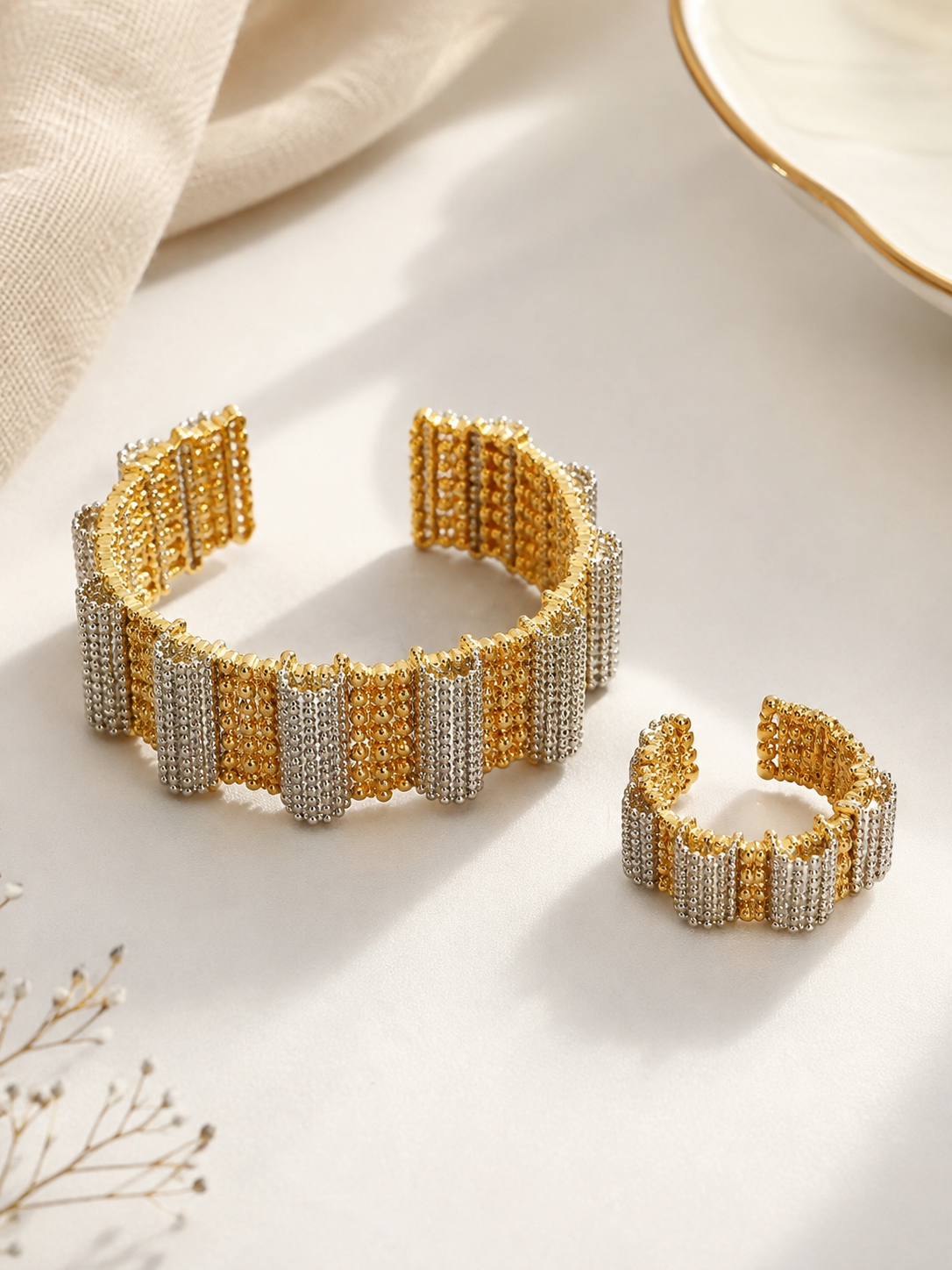 Two-Tone Beaded Bracelet & Ring Set – Gold & Silver Statement Jewelry